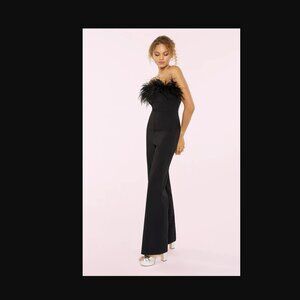 LIKELY DESI JUMPSUIT Black Ostrich Feather Trim NWT